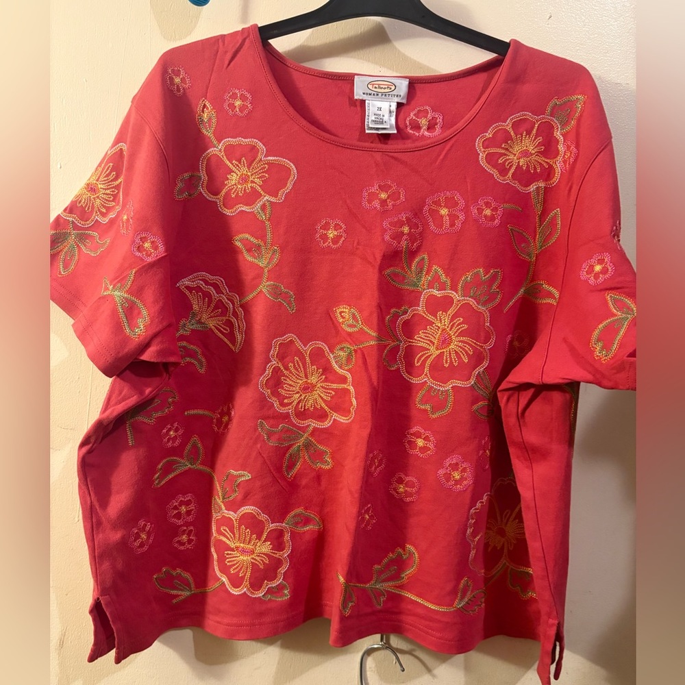 Talbots orange reddish Floral Embroidered Short Sleeve Top